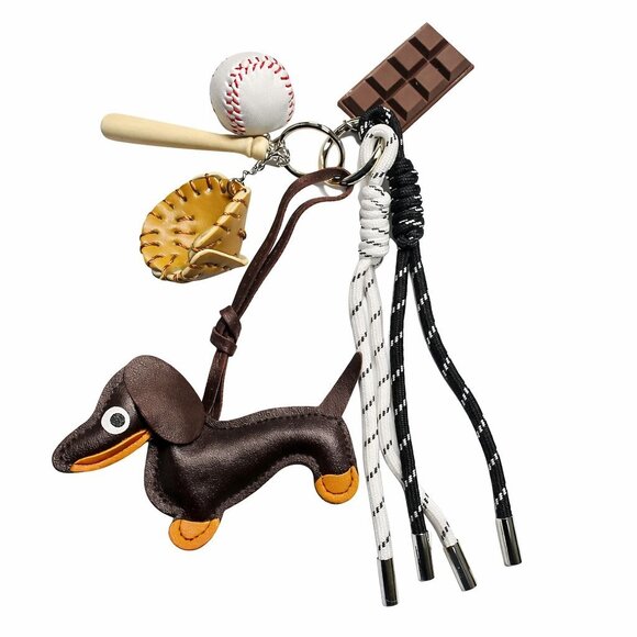 Whimsical Dachshund Bag Charm Baseball & Chocolate Details Statement Keychain - Picture 5 of 6